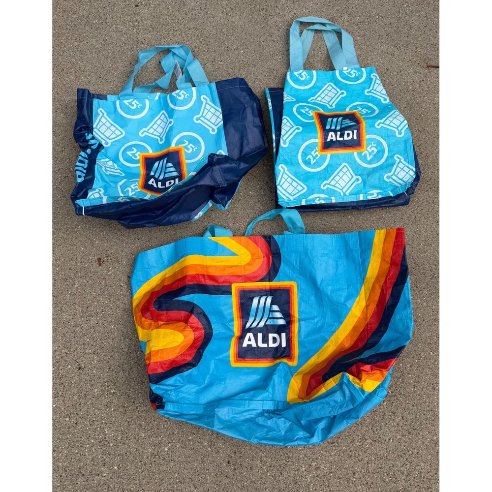 Aldi Reusable Grocery Tote Bag Set Retro Rainbow & 25 Cent Cart Pattern Blue 3pc